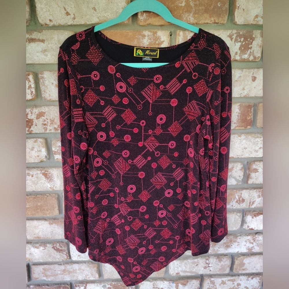 Mirasol Women's Asymmetric Red Sparkle Stretch Knit Top Sz M Glam Party Event